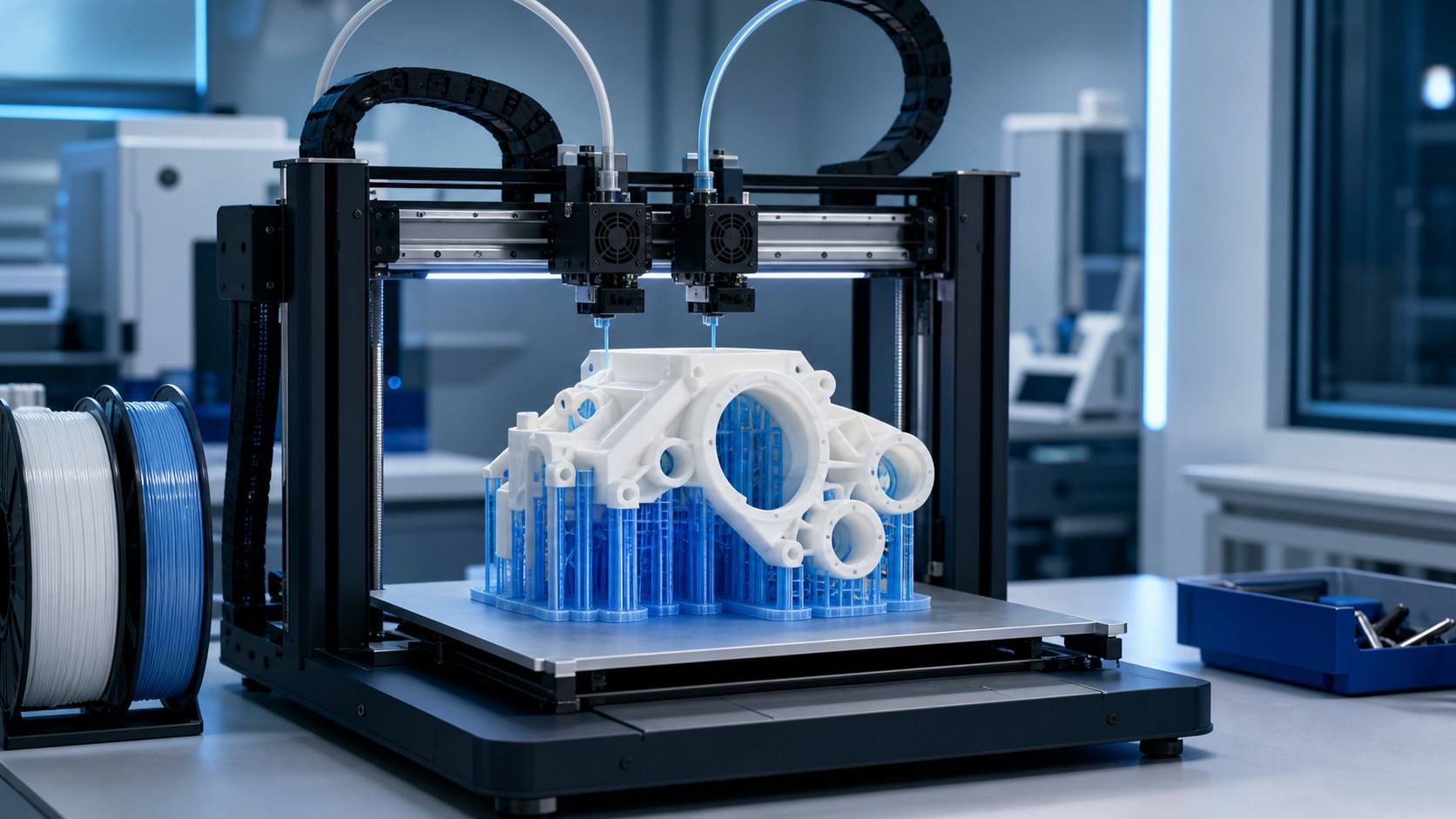 Dual-extrusion 3D printer using blue water-soluble PVA support structures