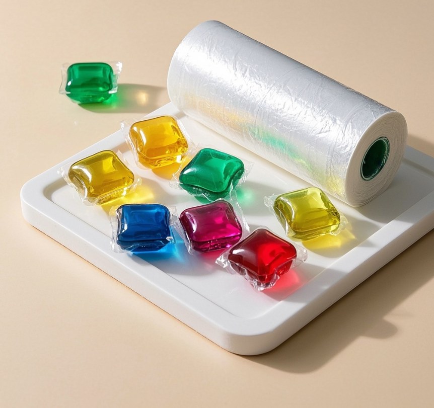 Colorful unit-dose packs with PVA film roll