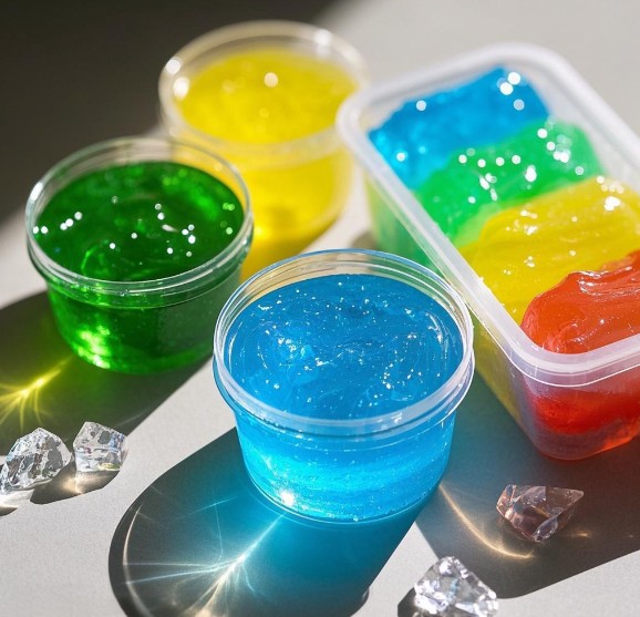 Clear and colorful PVA slime samples for children's toy material development